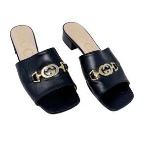Gucci Zumi Black Leather GG Logo Slide Sandals Low Heel Mules Made Italy EU 38